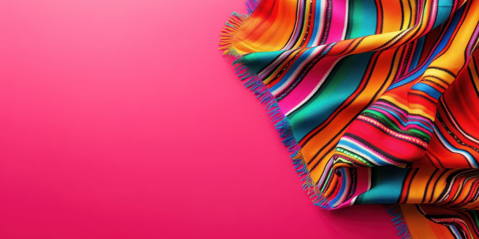 Colorful woven blanket drapes over vibrant pink backdrop creating a lively aesthetic for textile enthusiasts